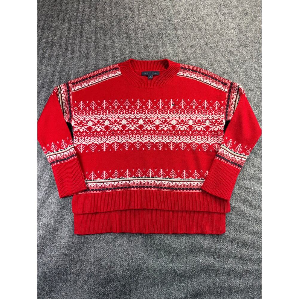 Tommy Hilfiger Red Crewneck Sweater Fair Isle Nordic Womens Sweater XS Oversized